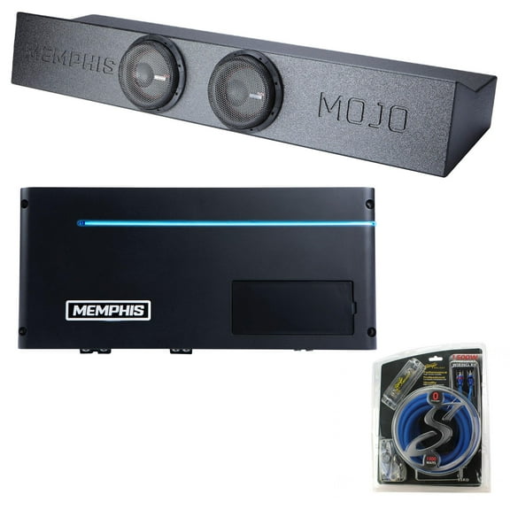 Memphis MJMEFORD8D1 Ported Enclosure with two 8" MOJO subwoofers compatible with select 2009-up Ford trucks with PRXA1500.1 Power Reference Series Mono Subwoofer Amplifier and Amp Wiring Kit
