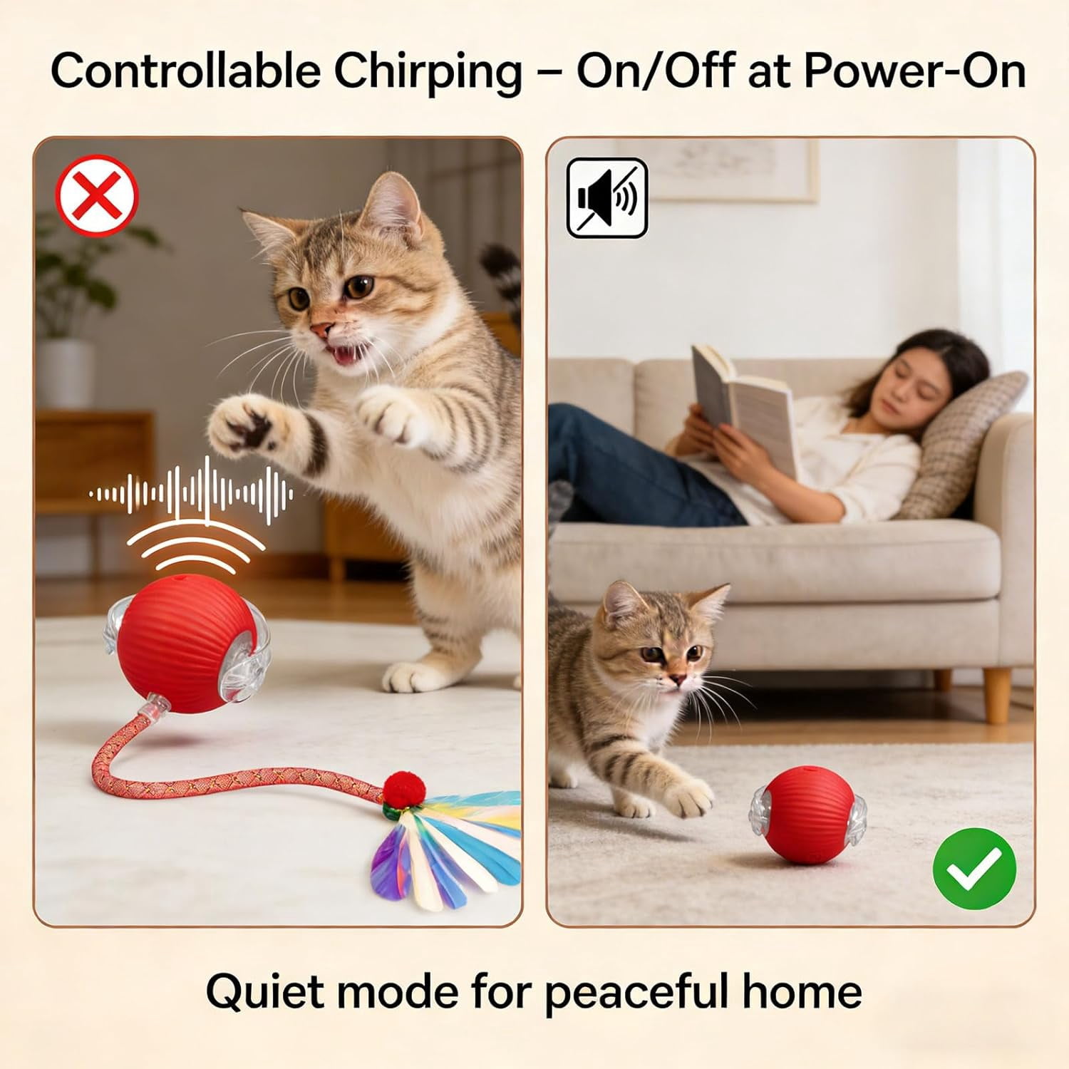 Speedy Tail 2.0 Cat Toy – 2 Replaceable Tails, Controllable Chirping, Motion Activated Rolling Ball, USB Rechargeable – Enrichment & Exercise for Bored Indoor Cats, Kittens (Red)