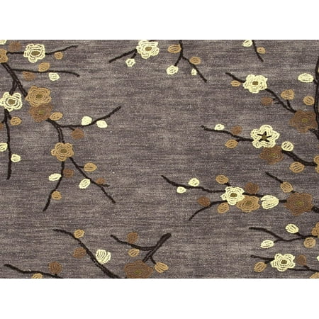 - 8' Pale Yellow, Dark Gold and Gray Modern Cherry Blossom Hand Tufted Polyester Area Throw Rug