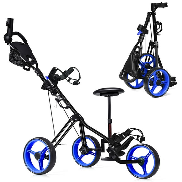 Costway Foldable 3 Wheel Push Pull Golf Club Cart Trolley w/Seat Scoreboard Bag Blue