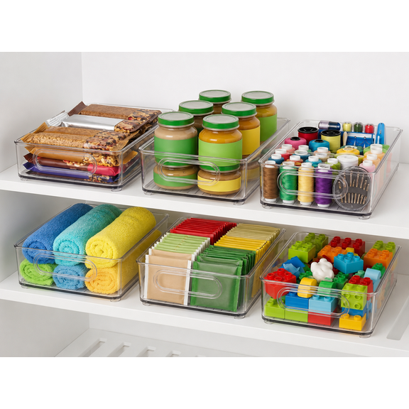 Pantry Organizers and Storage, Clear Plastic Storage Bins with Handles, Stackable Clear Organizer Bins for Pantry, Fridge Organizer Bins, Refrigerator Storage and Freezer Organizer Bins, Set of 6