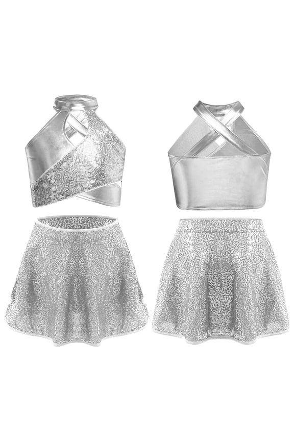 Girls Jazz Latin Lyrical Dance Cos tumes Metallic Disco Dancewear Ballet Crop Top and Pleated Mini Skirt Silver 10