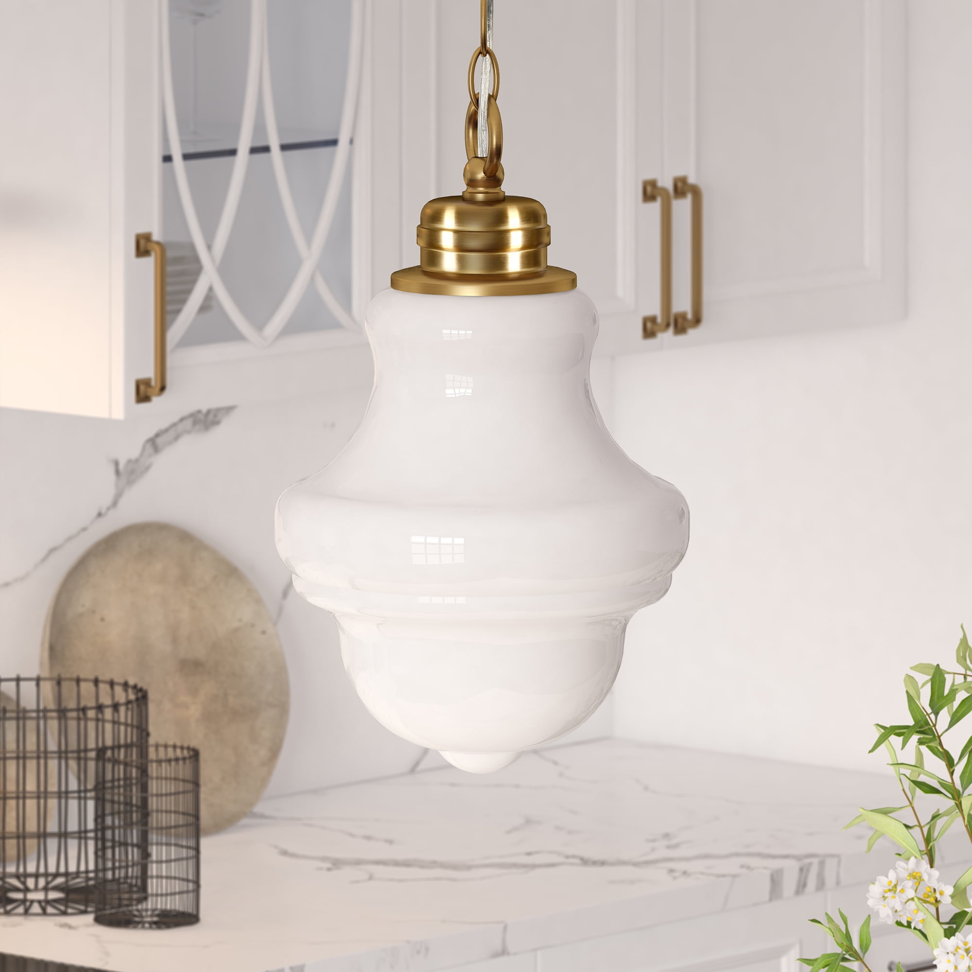 Vintage Industrial Pendant Light w/ Flat Brass Shade Machine Age Hanging Lamp