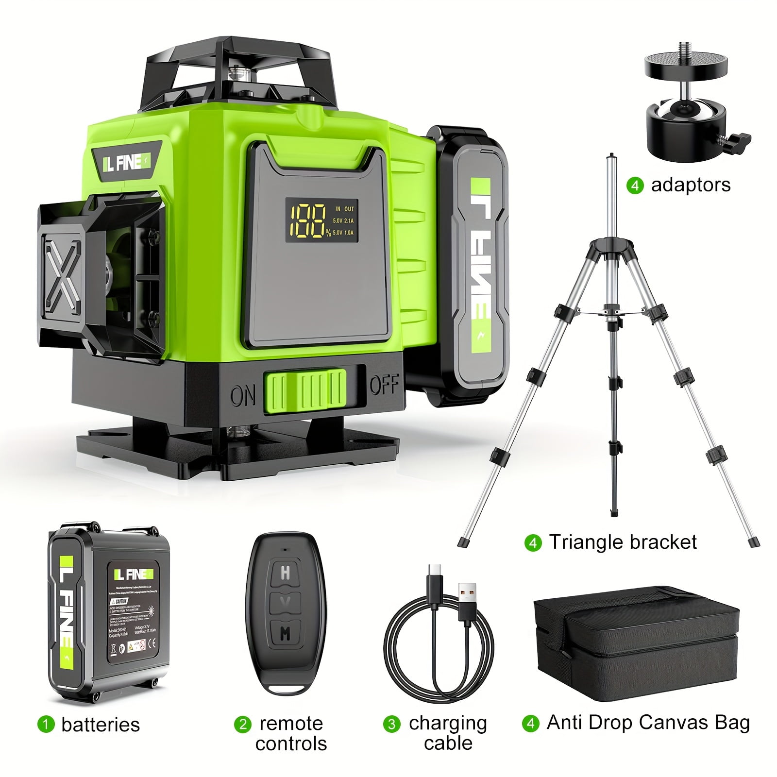 LFINE 4D Self-Leveling Laser Level, Plastic Alloy Material - 4x360° Cross Line with Tripod, 4800mAh Battery, Durable Case for Construction & Tile Work