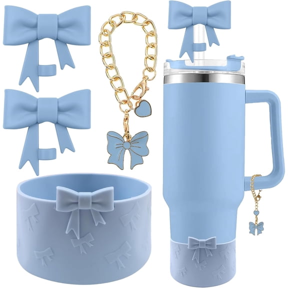 Accessories Set for Stanley Cup 30 40oz Tumbler Accessories | 2Pcs Cute Bow Straw Cover Caps, 10mm Reusable Straw Toppers, 1Pcs Silicone Boot Sleeve, 1Pcs Handle Charm B2-Indigo