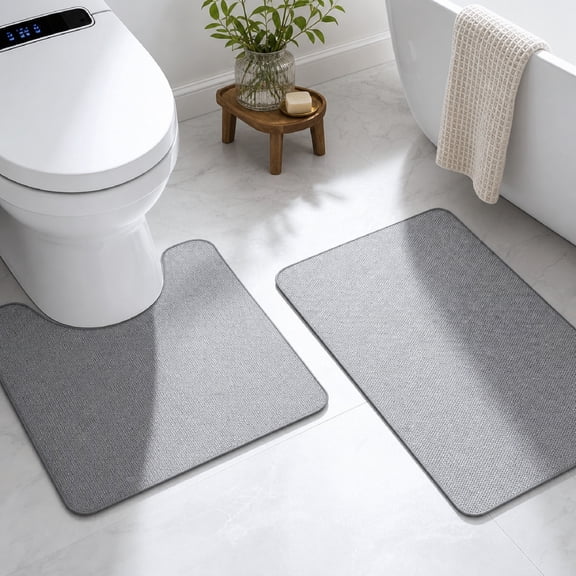 Bathroom Rugs Set 2 Piece, 17x27 Thin Bath Mat & 20x24 U-Shaped Toilet Rug, Absorbent Non-Slip Grey