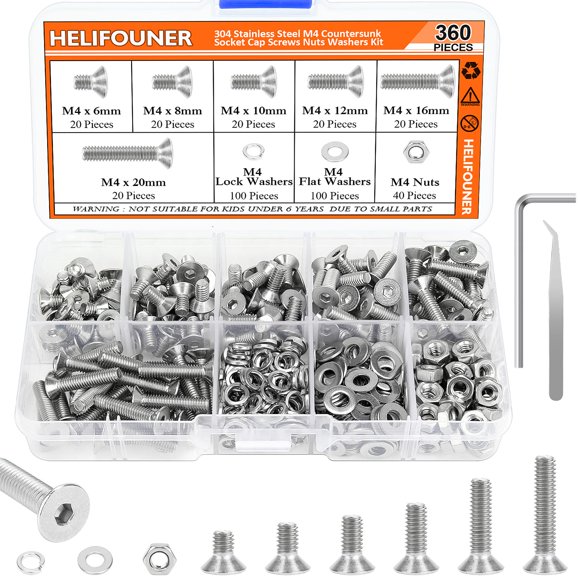 HELIFOUNER 360 Pieces M4 x 6mm /8mm /10mm /12mm /16mm /20mm, 304 Stainless Steel M4 Countersunk Socket Cap Screws Nuts Washers Kit