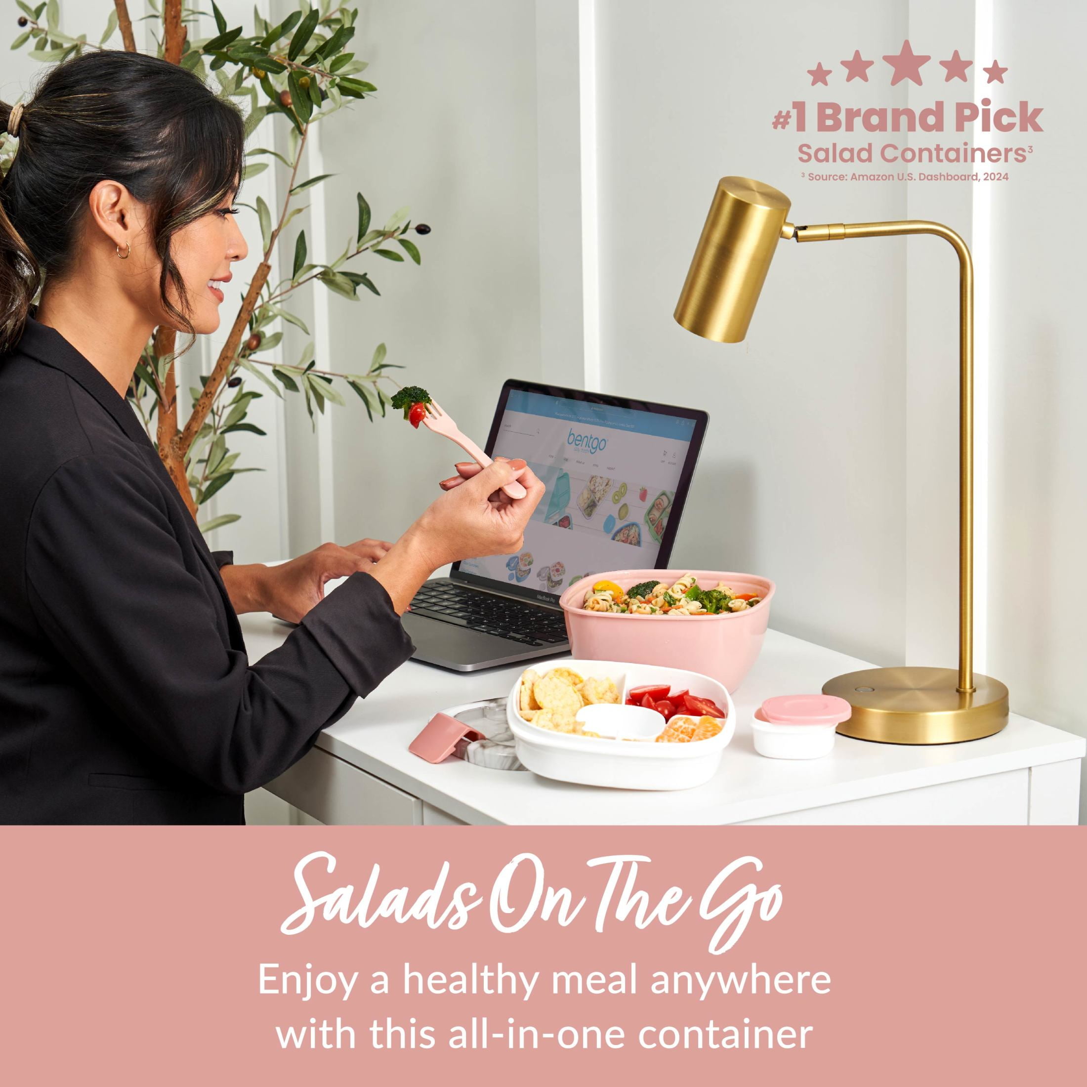 Bentgo Salad Container - 6.75 cup Bowl with 4-Compartment Toppings Tray, Dressing Container, Reusable Fork, BPA-Free Lunch Box for Meal Prep & Food Storage; Removable Bento Tray (Blush Marble)