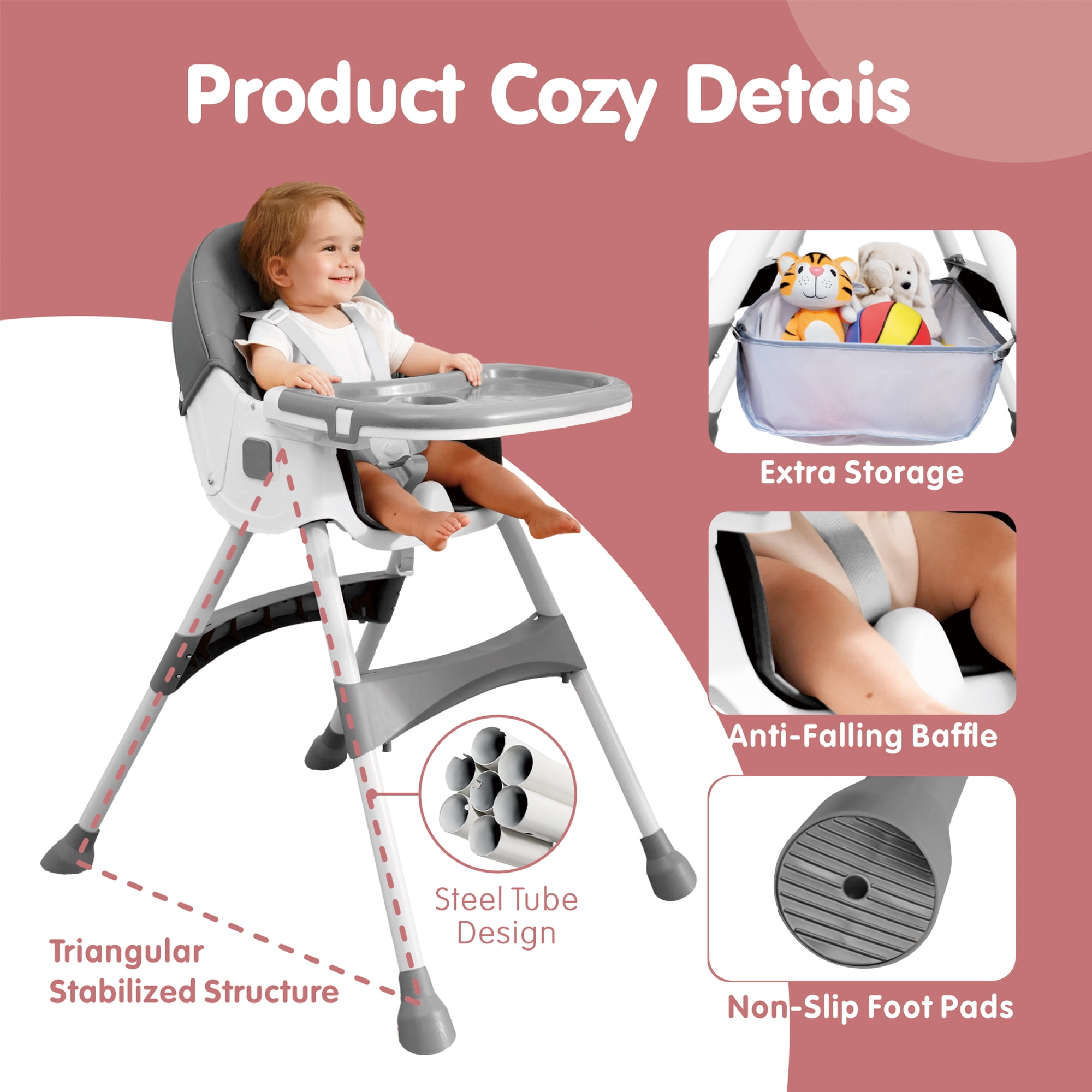 TUMAJUP 6- in -1 Baby High Chair with 5 -Point Safety Harness-Gray