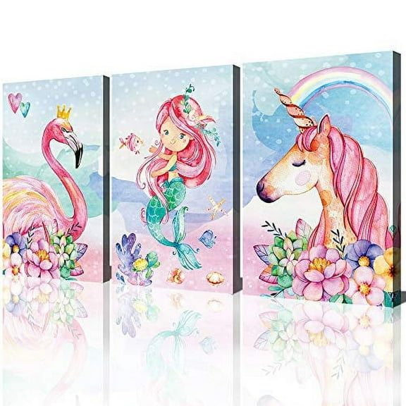 Unicorn Wall Decor Pictures Pink Girls Room Bedroom Bathroom Wall Art Cute Mermaid Flamingo Watercolor Painting Pink Unicorn Pictures Framed Canvas Print for Nursery Kids Birthday Gifts 3 Pieces