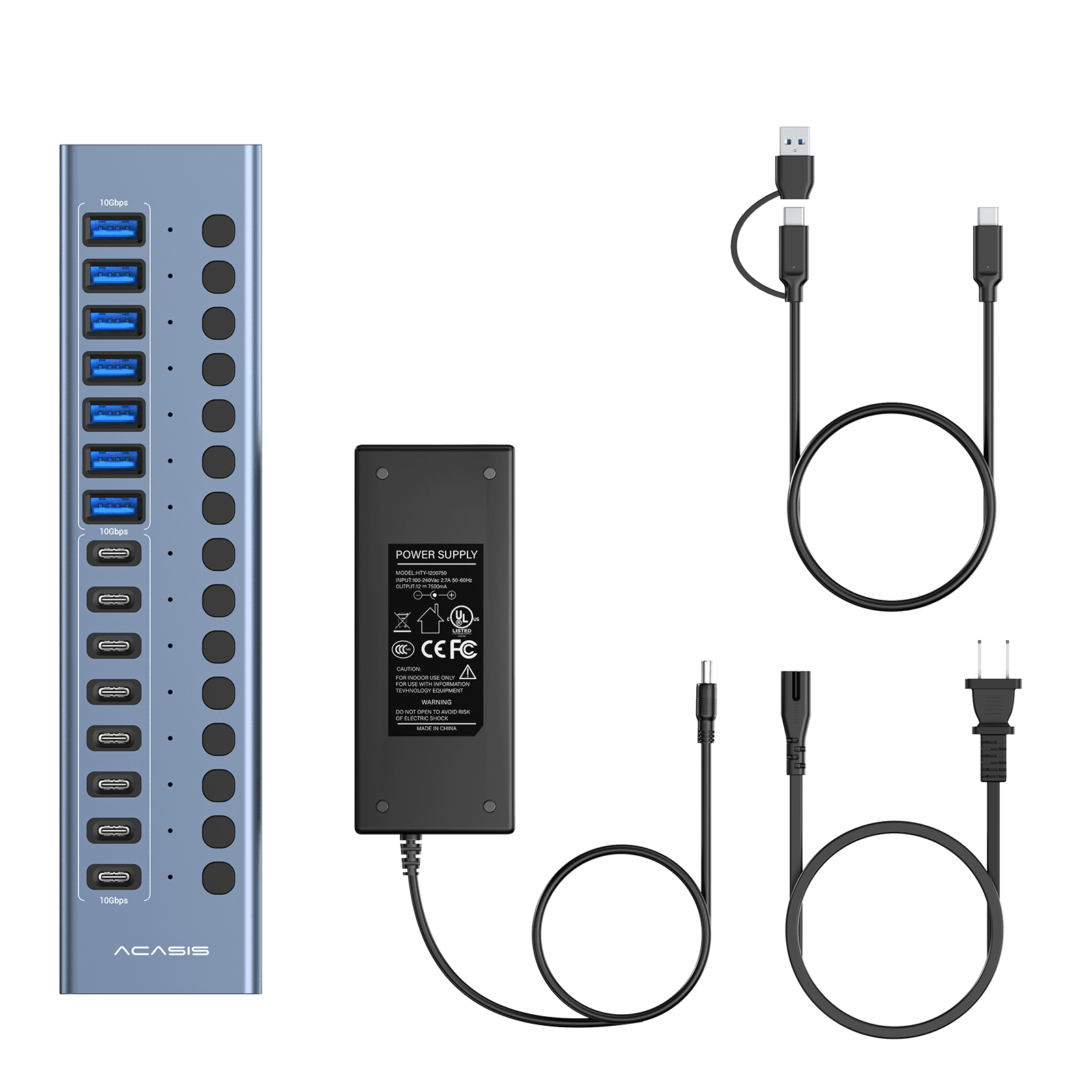 ACASIS 16 Port USB 3.2 Gen 2 Hub Powered, 10Gbps USB Hub with 8 USB-A and 8 USB-C Ports, 96W Adapter for Laptop, PC, Mac, SSD, Phone – Hot Swap, Plug & Play