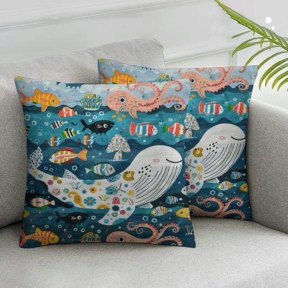 JRXY Set of 2 Throw Pillows Ocean Theme Sea Creature Submarine Decorative Outdoor Pillowcase Square Cushion Covers for Home Sofa Couch Bed 2 Pack White