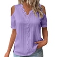 thumbnail image 2 of HLKJKLS T Shirts For Women Lace V Neck Short Sleeve Solid Color Elegant Comfy Soft Casual Vacation Tee Purple S-5Xl, 2 of 9