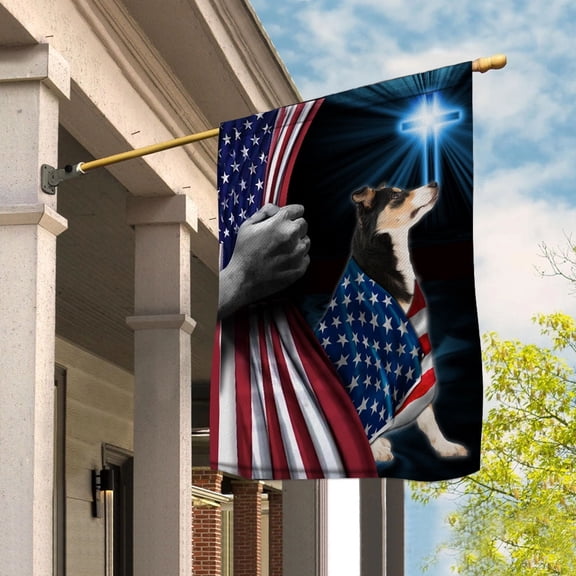 Hand Pulling USA Flag Border Collie Dog Wearing Flag American Standing under Cross Christian Patriotic House Flag (3x5) Double Sided- Premium Polyester-Decorative Indoor Outdoor Flag
