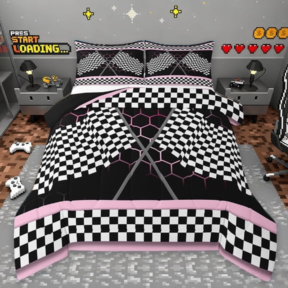 Erosebridal Race Car Flag Bedding Sets Twin With Comforter,Pink Stripes Duvet Insert,Outdoor Sports Car For Teenagers Comforter Sets Twin Size, Super Cozy Bedroom Decoration,2Pcs Reversible