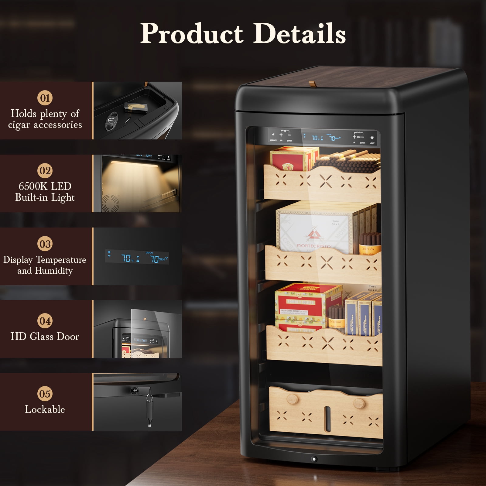 Joreek 115L Electric Cigar Humidor 900 Counts Temperature and Humidity Control Humidor Stainless Steel Lockable Cabinet with Digital LED Display Made of Spanish Cedar Wood Gift for Men