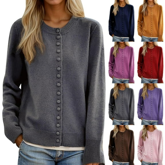 Women's Lightweight Cardigans Button Down Crewneck Loose Solid Knitted Sweater Coat Long Sleeve Casual Outerwear for Fall Winter Lightweight Layers,Coffee,L