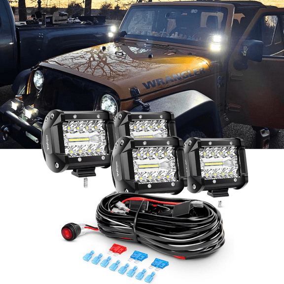 4Pcs 4Inch 60W LED Pods Triple Row Flood Spot Combo LED Light Bar 6000LM Off Road Lights Driving Fog Lights with 4 Leads for Trucks Pickup SUV ATV UTV 4x4 Van Camper Boat