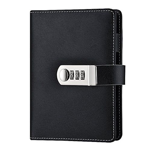 ToiM Macaroon Color PU Leather A6 Loose-leaf Locking Binder Journal With Combination Lock, Passcode Diary Secret Notebook (Black)