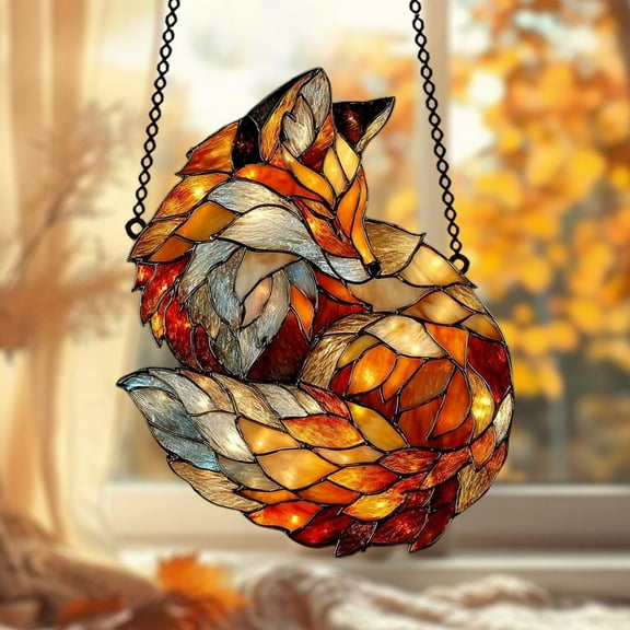Sleeping Fox Acrylic Window Hanging, Rustic Fall Faux Stained Glass Suncatcher, Cozy Woodland Fall Gift Idea, Autumn Window and Garden Decor