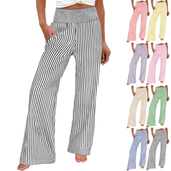 Abomasnow Women's Lounge Pants Elastic High Waist Wide Leg Striped Pants Casual Soft Workout Comfy Loose Pants with Pockets