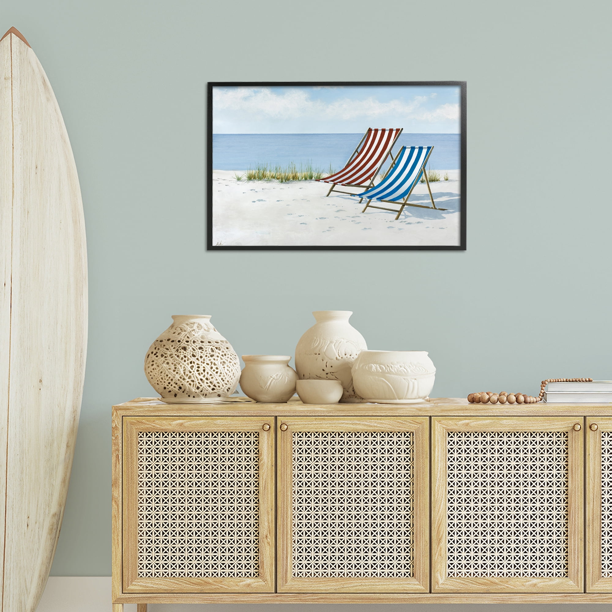 Stupell Industries Serene Beach Chairs Landscape Painting Black Framed Art Print Wall Art, 30 x 20