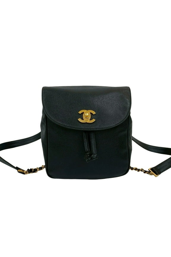 Pre-Owned CHANEL Coco Mark Caviar Leather Mini Backpack with Chain, Black, 728-4 (Good)