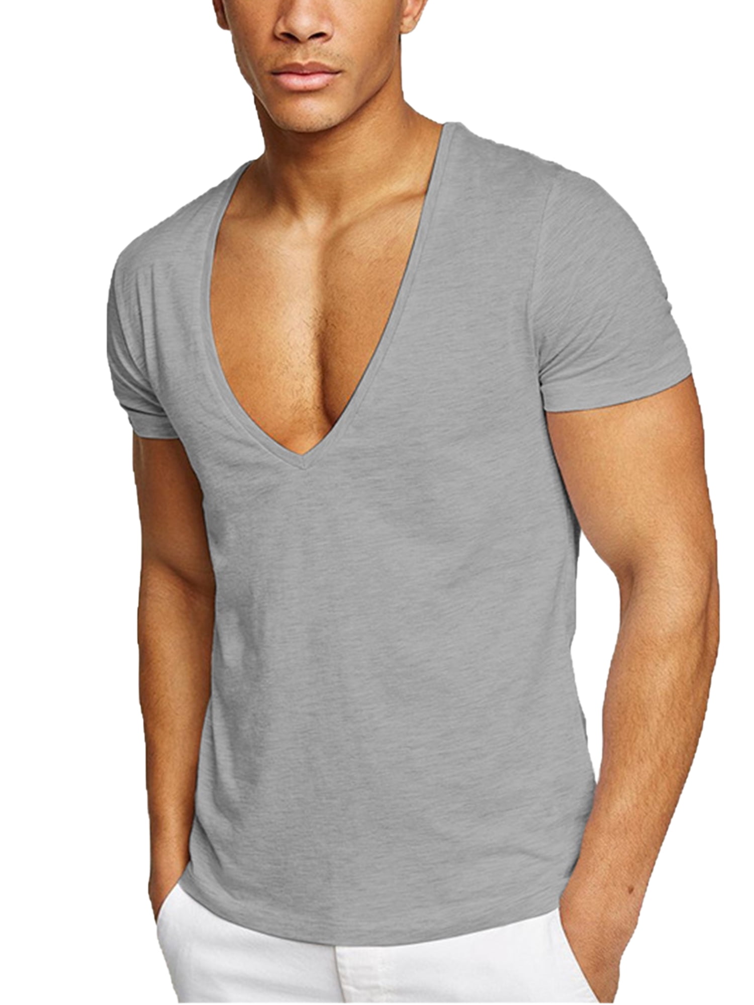 Men Summer Short Sleeve Low Cut V Neck Tee Shirt Deep V Neck T Shirt Top