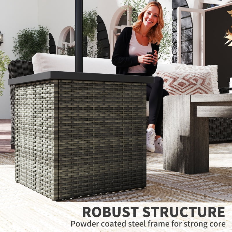 HOQBN Wicker Side Table with 1.5" Umbrella Hole, Square Outdoor End Table with UV-Resistant Frame, Storage Space, Mixed-Gray