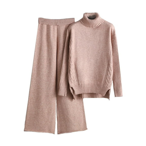 2 Piece Knit Sets for Women Dressy Casual Turtleneck Sweater and Wide Leg Trouser Loose Knitwear Outfits Casual (One Size, Pink)