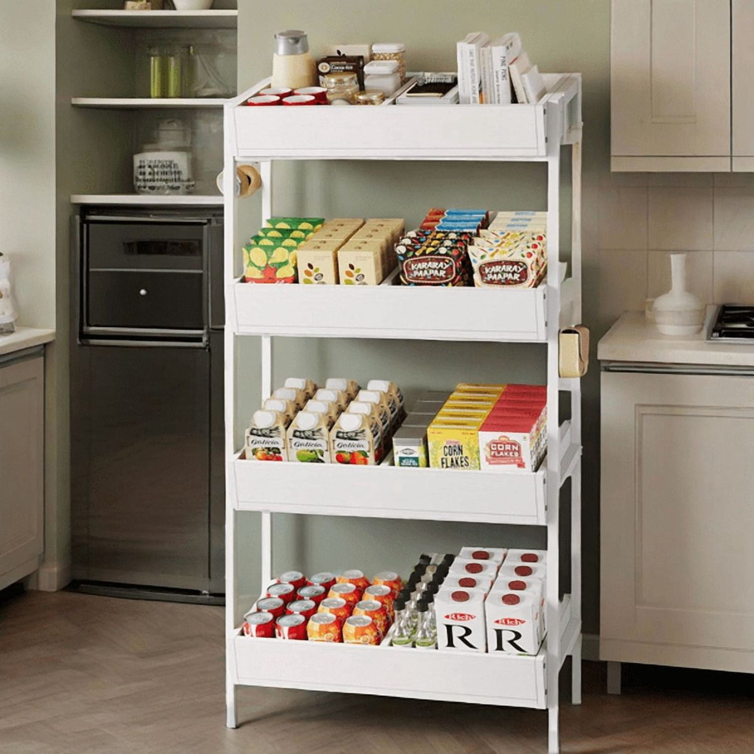 4-Tier Retail Display Rack Stand, Particleboard Shelves with 4 Metal Hooks, Heavy-Duty Metal Frame for Retail, Kitchen & Office