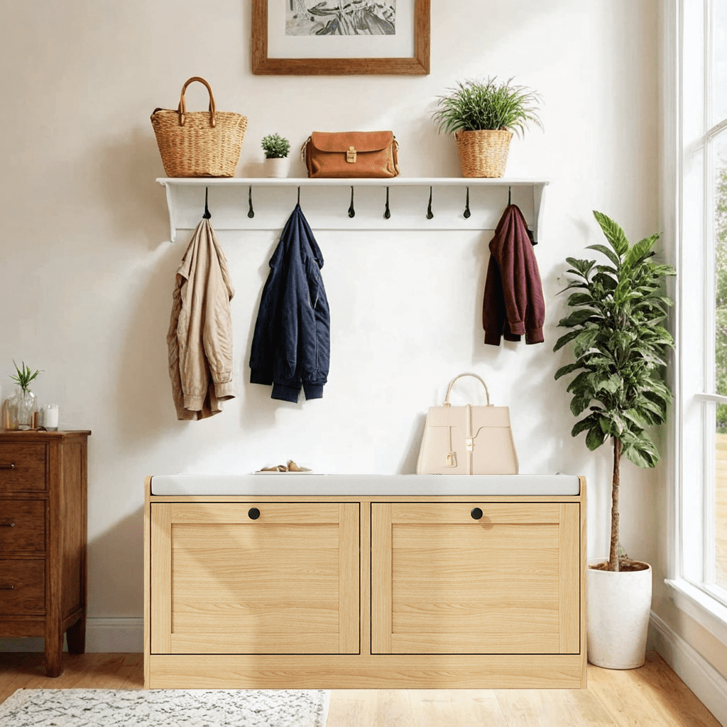 Oak Shoe Bench, Modern Entryway Bench with 2 Flip Drawers, Shoe Rack Bench with Padded Seat Cushion, Wooden Shoe Storage Bench for Entryway, Bedroom and Apartment