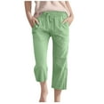 thumbnail image 3 of BiZtdJrK Capri Pants for Girls High Waisted Straight Legs Linen Trousers Pull On Elastic Waist Loose Cropped Pants with Pocket Green, 3 of 6