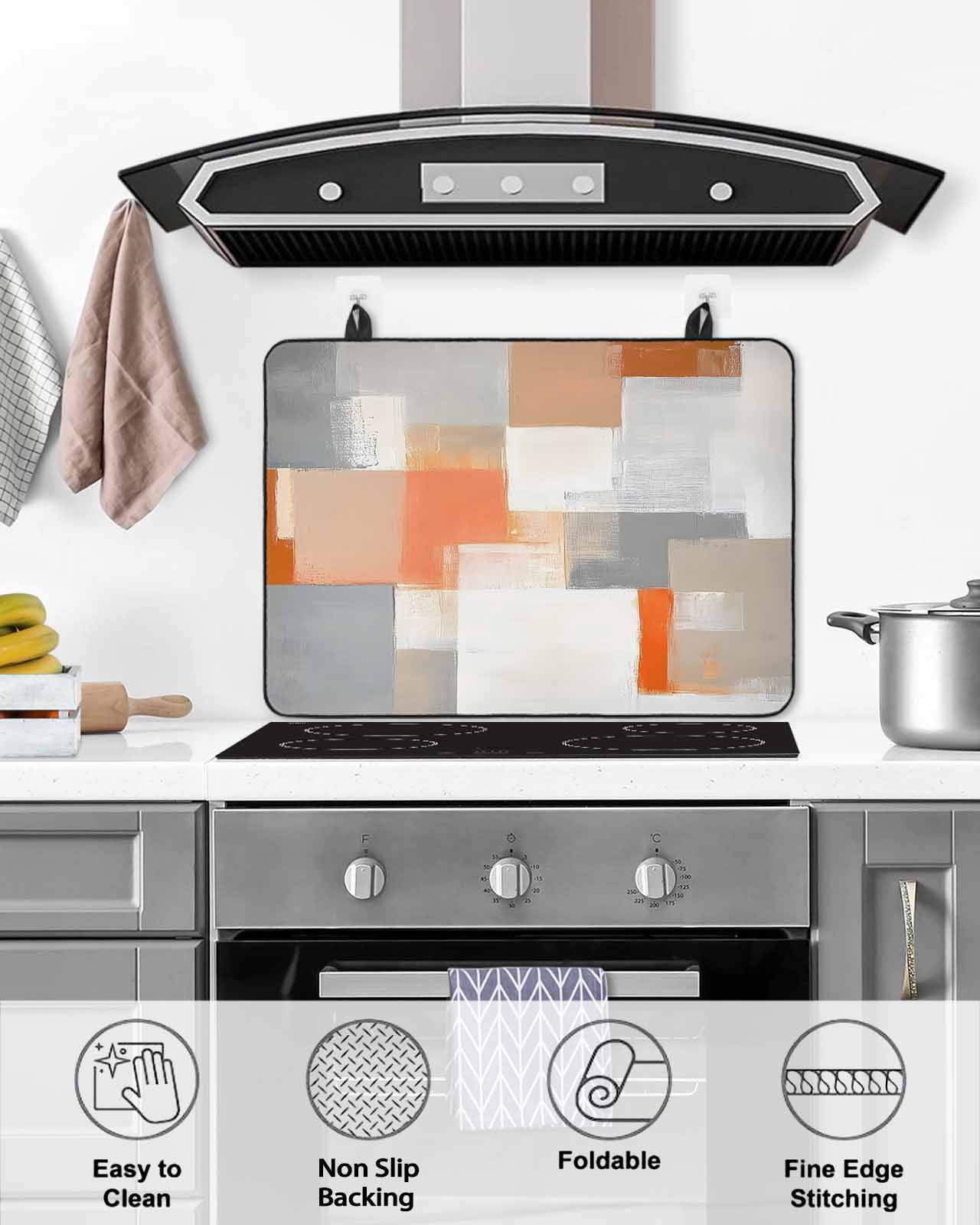 nqOlkjepod Large Induction Cooktop Protector Mat 24"x21", Orange Grey Geometric Stove Top Covers for Electric Stove, Modern Abstract Color Blocks Stove Burner Cover Mats, Glass Top Stove Cover