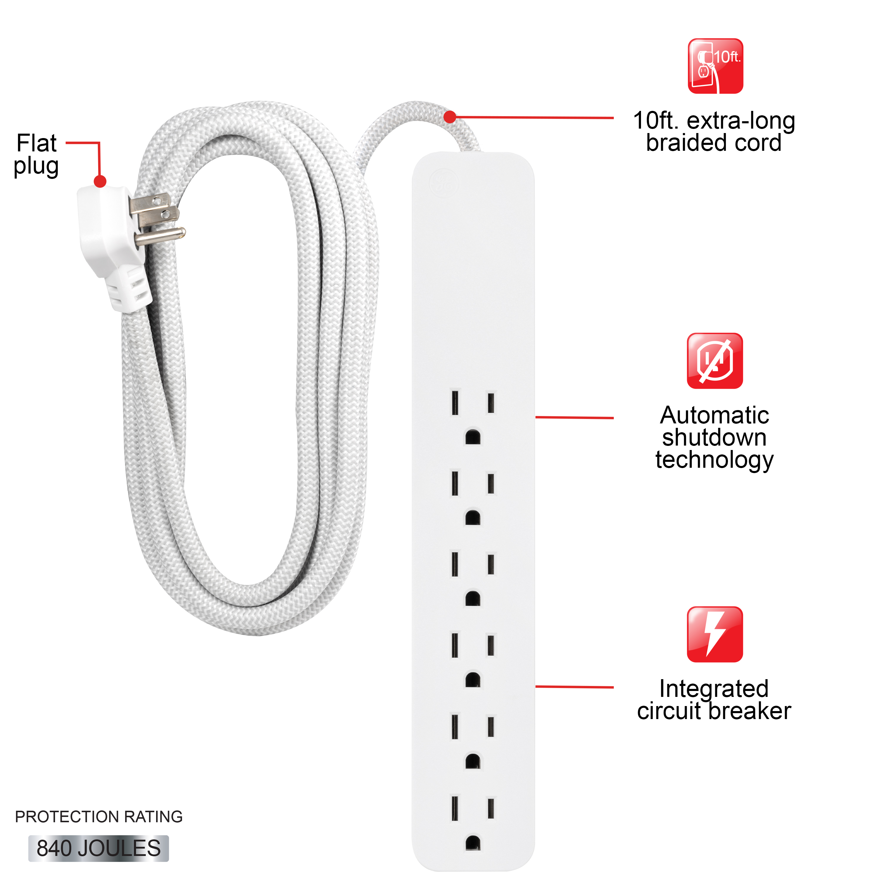 GE 6-Outlet Surge Protector, 840J, 10ft. Braided Cord, White, 62933 - image 2 of 7