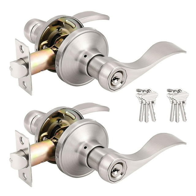 Probrico (2 unidades) Palancas de entrada con llave estilo ondulado, manijas de puerta con llave para interior exterior y níquel satinado, con cerradura y las mismas llaves, reversibles para puertas d