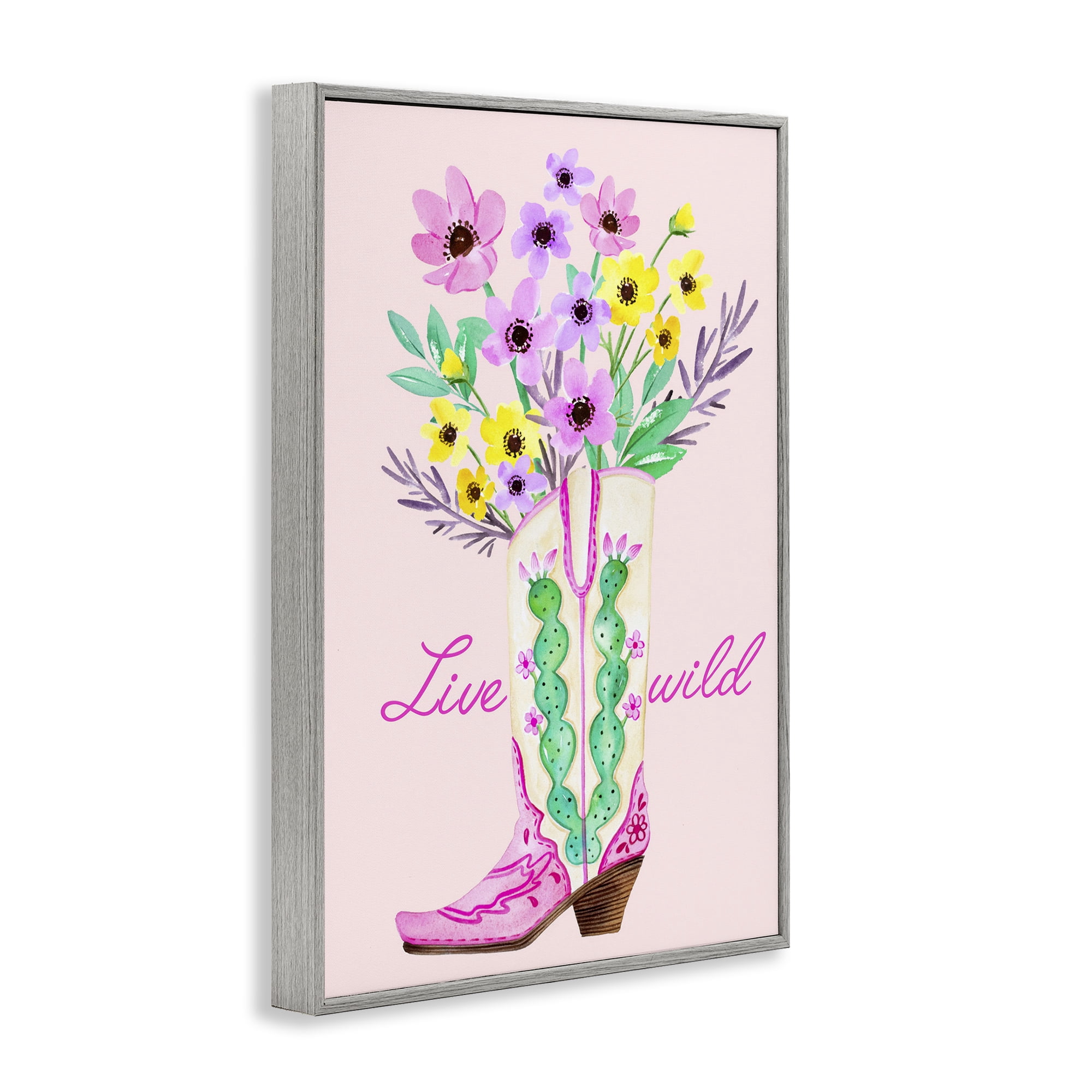 Stupell Industries Live Wild Cowgirl Boot Botanical & Floral Painting Gray Framed Art Print Wall Art, 16 x 24