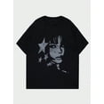 thumbnail image 2 of Women's Oversized Black T-Shirt with Vintage Face and Stars Graphic, Loose Fit Grunge Streetwear Tee Top, 2 of 6