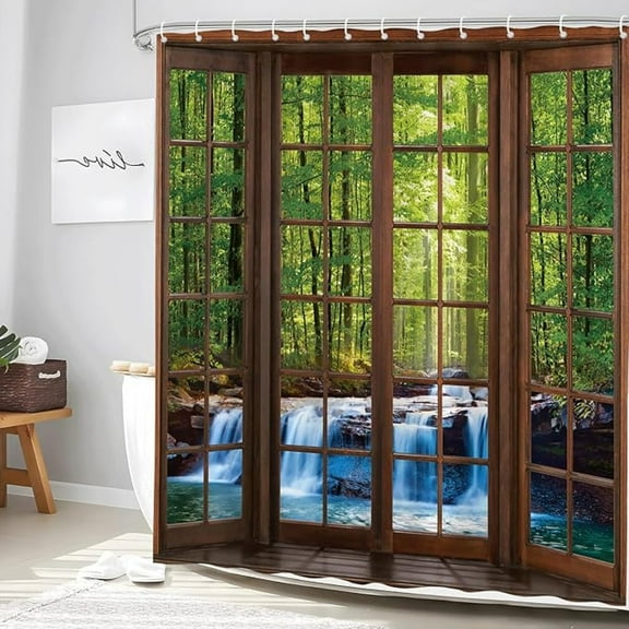 Forest Waterfall Shower Curtain Nature Scenery Green Tree Tropical Jungle Rainforest Sunlight River Stone Seasonal Spring Landscape Fabric Bathroom Decor Set With Hooks 36"W x 72"L
