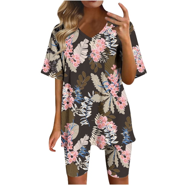 Blusas para las Mujeres Casual Impreso Cuello en V Manga Corta Blusa Pantalones Cortos, Conjuntos de Ropa para las Mujeres