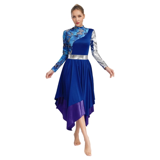 iixpin Robe de Danse Liturgique pour Femmes à Imprimé Floral, Costume de Louange, Robe de Danse de Salon, Bleu, P