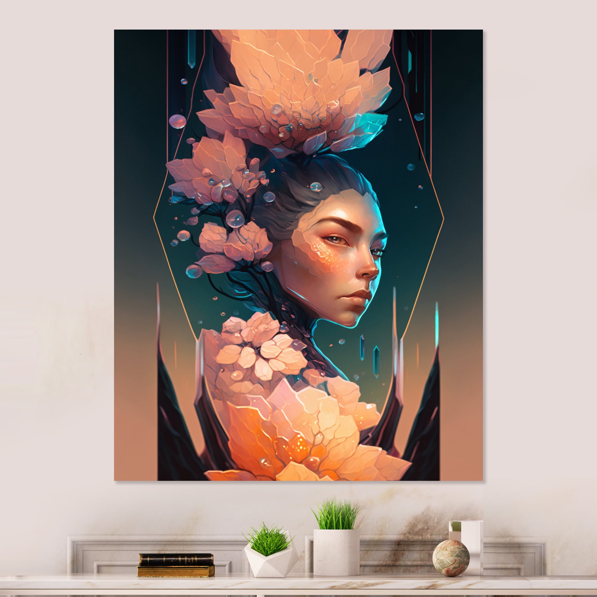 Designart Woman Portrait With Flowers I Canvas Wall Art