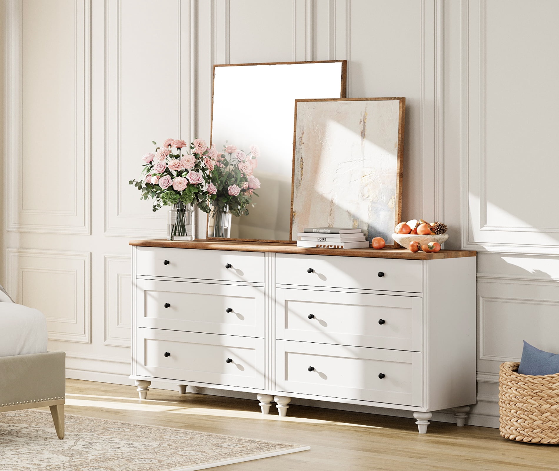 Farmhouse Dresser for Bedroom with 3 Drawers, Mid Century Modern Kids Dressers with Wood Closet Storage Organizer, Small Dressers for Nursery, Hallway, Living Room, Beige