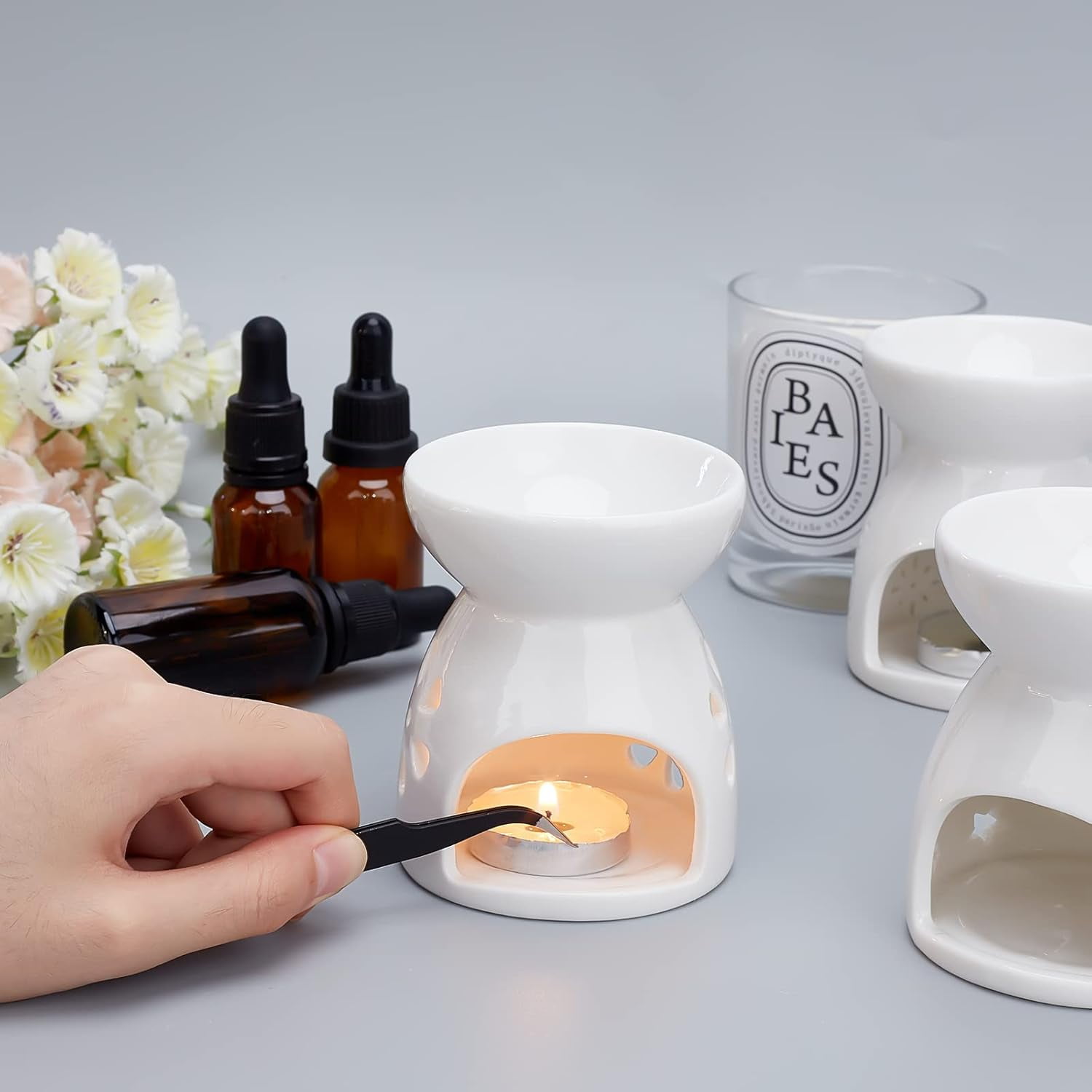 3pcs Hollowing Ceramic Aroma Burner for Fragrance and Aromatherapy Fireworks/Peach Blossoms/Stars Hollowing Pattern Essential Oil Incense Aroma Burner Oil Lamps Tealight Candle Holder DIYDIY