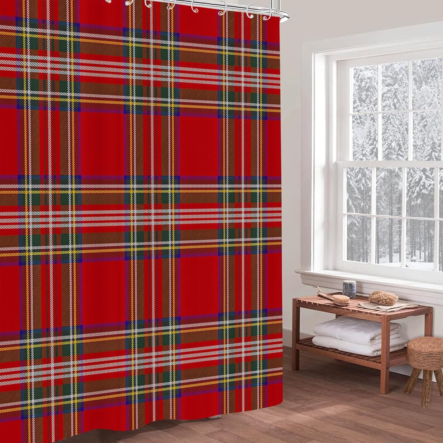 Christmas Plaid Shower Curtain Scottish Tartan Farmhouse Bathroom Shower Curtains for Bathtub Decoration with Hooks 72x72 Inch, Red and Green