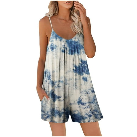 

Dasayo Blue Womens Rompers Women s Casual Print Jumpsuit Summer Sleeveless Jumpsuit Loose Shorts Jumpsuit Belt Pocket