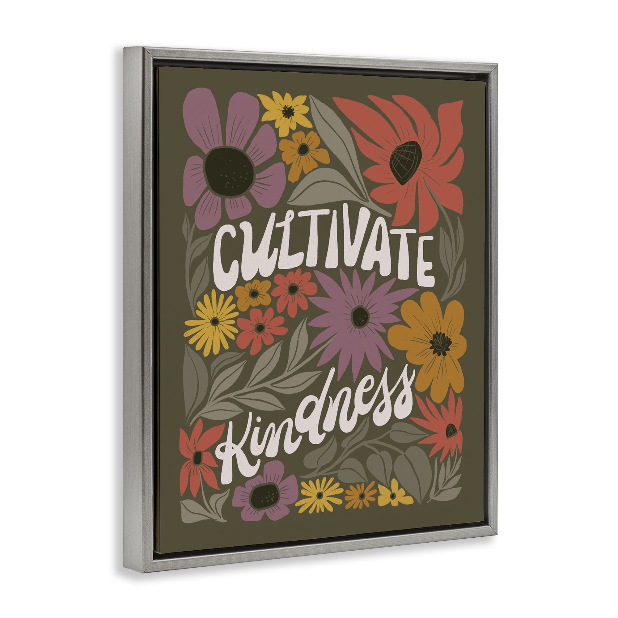 Stupell Industries Groovy Cultivate Kindness Plants & Flowers Painting Gray Floater Framed Canvas Art Print Wall Art, 25 x 31