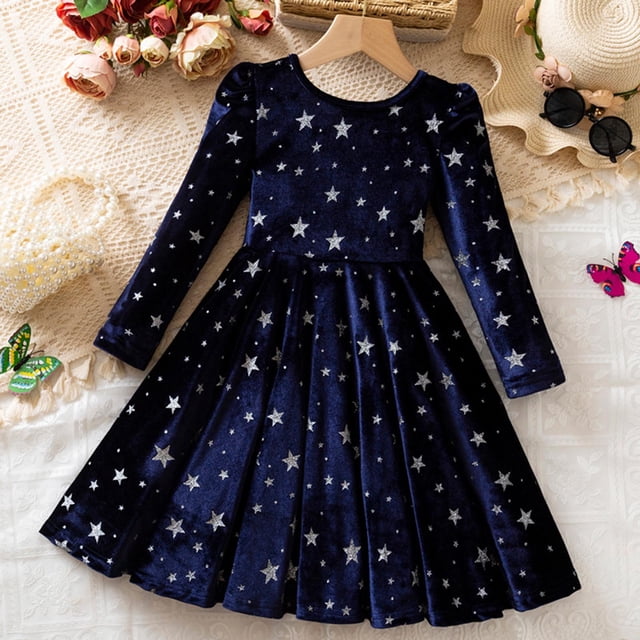 Cowsor Little Girl Ruffle Fall Winter Long Sleeve Dress Printed Party Holiday Clothes