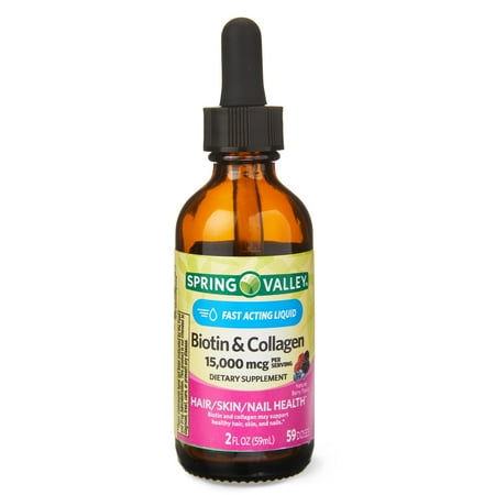 Spring Valley Biotin & Collagen, 15,000 mcg Fast Acting Liquid Supplement, 2 fl oz