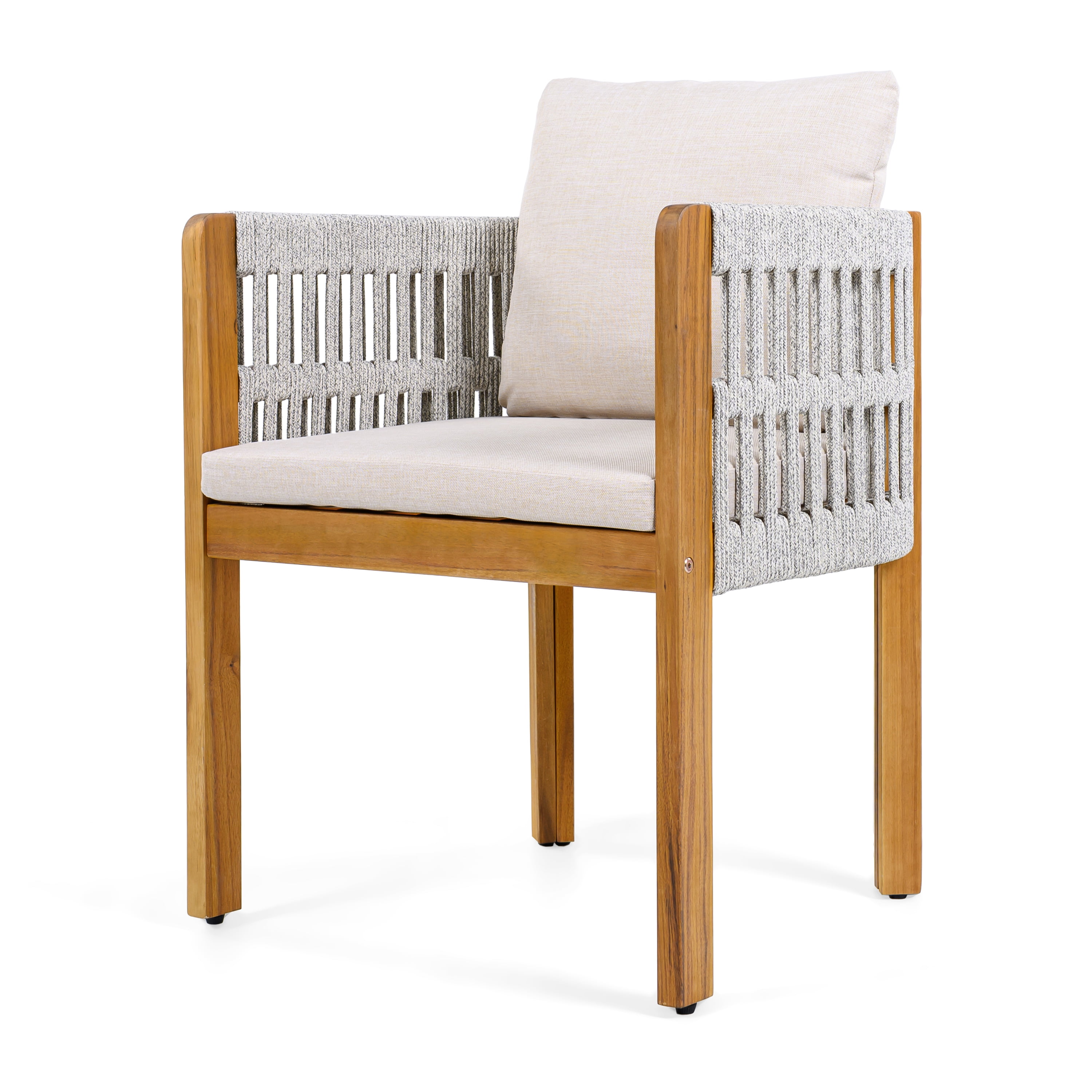 Acacia Wood Outdoor Dining Chairs Set of 2 with Mix Brown Rope Handles Washable Waterproof Beige Cushions, Teak